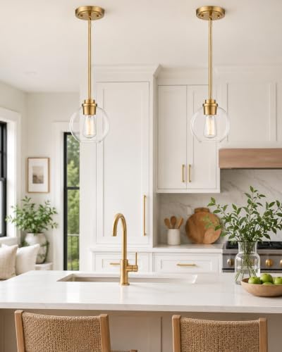 Brass Pendant Lights Kitchen Island 2 Pack, Farmhouse Gold Pendant Light with Clear Glass Globe Shade, Kitchen Island Lighting for Dining Room Entryway, AD-22280-1P2-GD-C - Image 4
