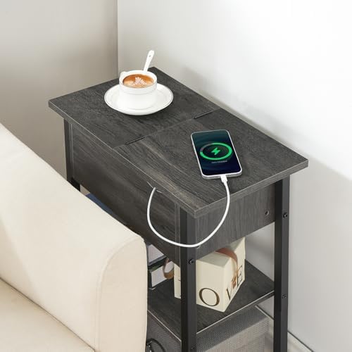 HOOBRO End Table with Charging Station, Narrow Side Table, Flip Top Nightstand with USB Ports and Outlets, Bedside Tables with Shelf for Small Spaces, Living Room, Charcoal Black BC341BZ01 - Image 4