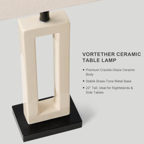 22" Modern Ceramic Table Lamps Set of 2, Cream Crackle Glaze Hollow Bedside Lamps with Linen Shade, 5ft Cord Rotary Switch E26 Base Nightstand Lamps for Bedroom Living Room Entryway Decor - Image 2