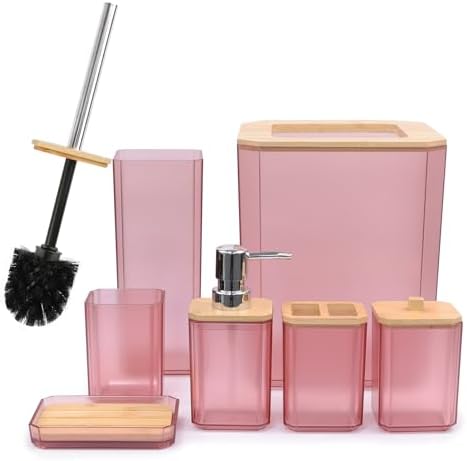 CERBIOR Bamboo Bathroom Accessories Set 7 Piece Bath Ensemble,Pink by CERBIOR