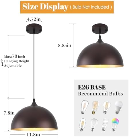 Farmhouse Pendant Light 12 Inch, Modern Pendant Lights Kitchen Island, Adjustable Height Dome Pendant Lights Fixtures for Dining Room Barn,Oil Rubbed Bronze Finish, 3 Pack - Image 2