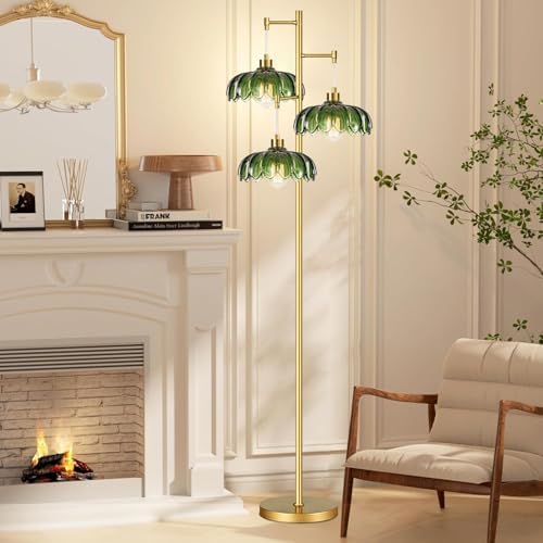 QIYIZM Glass Floor Lamp for Living Room,Bedroom,Mid Century Modern Standing Lamp Brass Tree 3 Light Tall Floor Lamps Vintage Retro Floor Lights Gold Green Flower Lamp Shade Farmhouse Boho Bohemian - Image 3