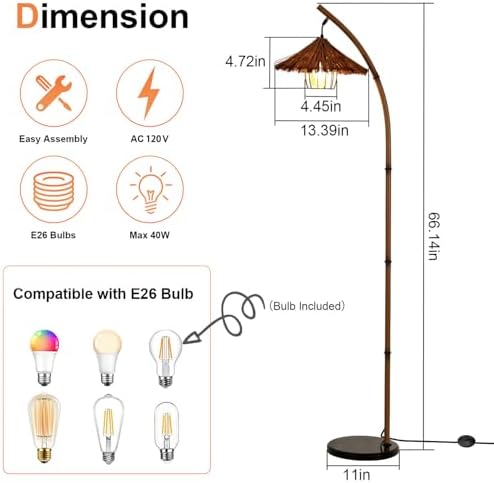 beaysyty Bamboo Floor lamp Mid Century Rattan Retro Floor lamp Bohemian,Arc Floor Lamps for Living Room Tall Reading Lamps Antique Rattan Style for Bedroom Dining Room Farmhouse Study (Brown) - Image 6