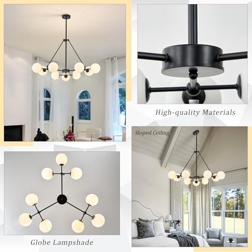 CATINER Modern 40" 9-Light Black Sputnik Chandelier with Milk Glass Globe - Image 5