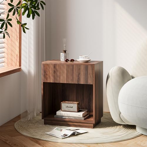Fluted Nightstands Set of 2, Modern Bedside Table with Drawer and Storage Shelf, Wood End Table Mid Century Night Stands for Bedroom Living Room Sofa Couch Office (Walnut) - Image 5