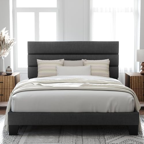 Allewie Full Size Platform Bed Frame with Fabric Upholstered Headboard Gray by Allewie