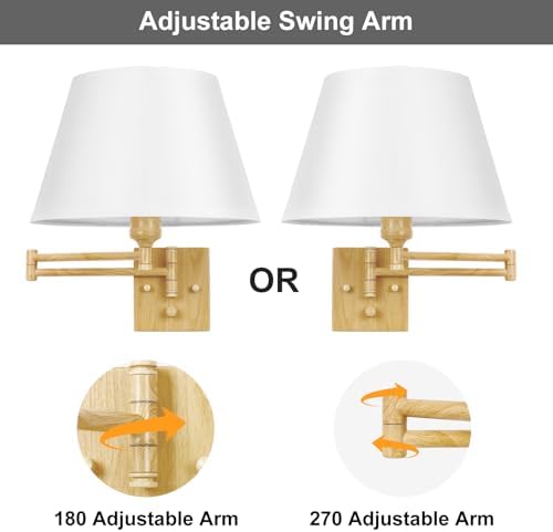 TRLIFE Dimmable Wall Sconce Plug in, Wall Sconces Set of 2 Swing Arm Wall Lights with Plug in Cord and Dimmer On/Off Knob Switch, 11.8" Large White Fabric Shade(2 LED Bulbs Included, Oak Color) - Image 4