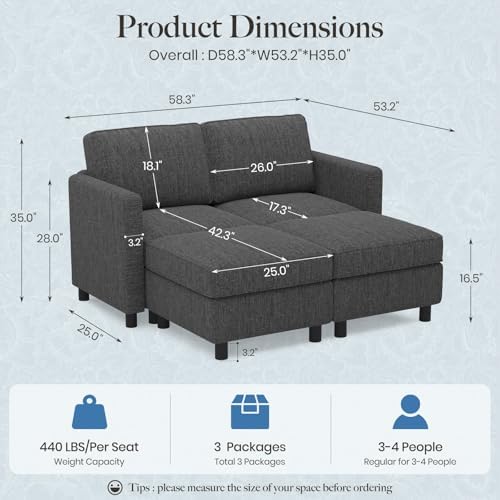 Belffin 58.3" Modular Sectional Sofa 4 Seats Sleeper Sofa Washable Sectional Couches for Living Room Comfy Couches with Storage Seat Couch Sofas with Chaise,Dark Grey - Image 2