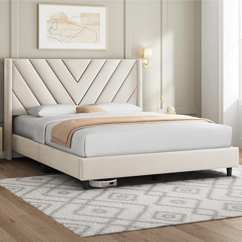 Yaheetech Queen Bed Frame with Chevron Channel-Tufted Headboard, Beige - Image 3