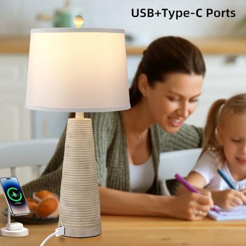 Terpsichore Nightstand Lamp Bedside Lamps Set of 2 Vintage Rustic Farmhouse Table Lamp 3 Way Dimmable Horizontal Stripe Light,for Living Room Bedroom,USB A+C (Pale Yellow, Hing 27 in) - Image 3