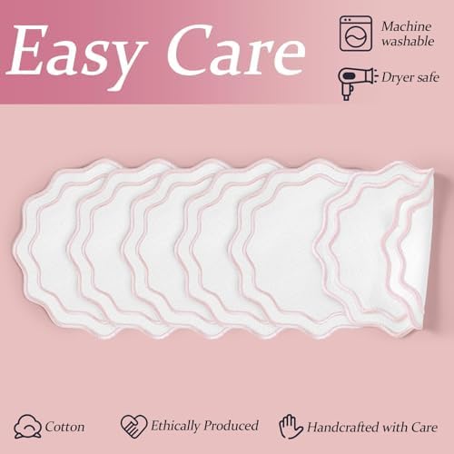Set of 6 Pink Cotton Linen Coasters 5.5 Inch Embroidery Scalloped Coasters Floral Drink Mats for Table Decor Washable Fabric Cup Mats for Wedding Tea Party Festival Spring Holiday Entertaining - Image 3