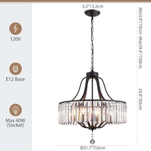 Modern Crystal Chandeliers Round 6-Light Large Black Pendant Lighting Fixture for Dining Room Living Room Kitchen Island Bedroom Hallway Hall Foyer 21.7" Adjustable Height Hanging Lamp - Image 3