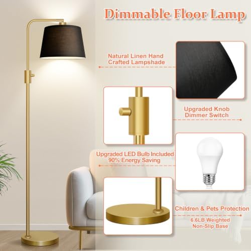 Nintiue Dimmable Gold Floor Lamp, 1000 LM LED Edison Bulb Included, Arc Floor Lamps for Living Room with Black Shade, Modern Standing Lamp Tall Lamps for Living Room Bedroom - Image 5