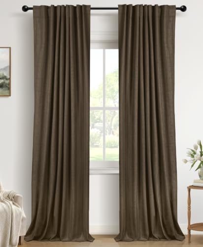 Faux Linen Total Blackout Curtains for Bedroom 90 Inches Long, Dark Brown by 100BlackoutShield