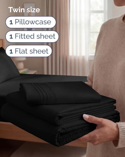 Twin Size 3 Piece Sheet Set - Comfy Breathable & Cooling Sheets - Black - Image 3