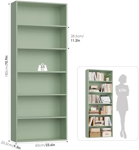FOTOSOK 6 Tier Tall Bookshelf and Bookcase with Open Display Shelves, Green - Image 3