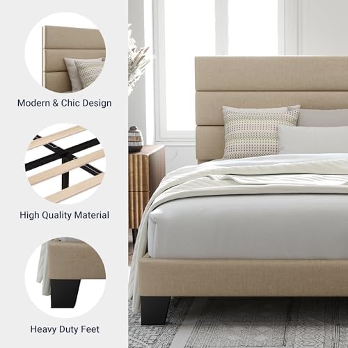 Allewie King Size Platform Bed Frame with Fabric Upholstered Headboard and Wooden Slats Support, Fully Upholstered Mattress Foundation/No Box Spring Needed/Easy Assembly, Beige - Image 6