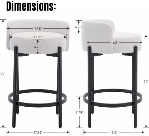 LukeAlon Modern PU Leather Counter Stools Set of 2, Upholstered 26" Seat Height Barstools with Black Metal Legs Round Low Back Kitchen Stools with Footrest for Dining Room Small Places, Cream White - Image 2