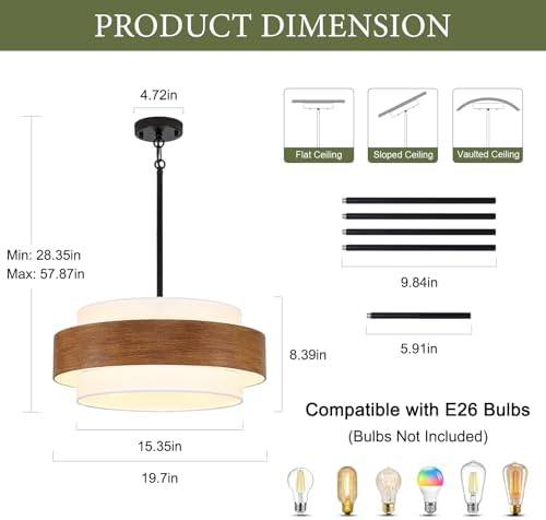 20'' Farmhouse Chandelier, 5-Light Drum Chandelier Round Pendant Light Fixture with Fabric Shade, Wood Grain Rustic Chandeliers for Dining Room Bedroom Living Room Foyer Entryway - Image 3