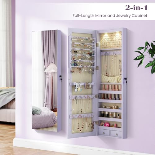 NAFORT 2 LEDs Full Length Mirror with Jewelry Armoire, Jewelry Organizers and Storage with 2 Mounting Options, 47.5”H Jewelry Cabinet with 2 Drawers, Make up & Lockable Jewelry Box, Purple - Image 6