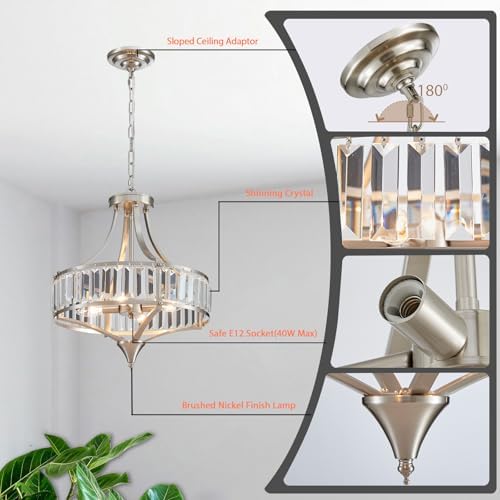 Crystal Chandeliers for Dining Room Rustic Farmhouse Pendant Round 4-Light Brushed Nickel Lighting Fixture for Dining Room Kitchen Island Hallway Bedroom Home Office - Image 5