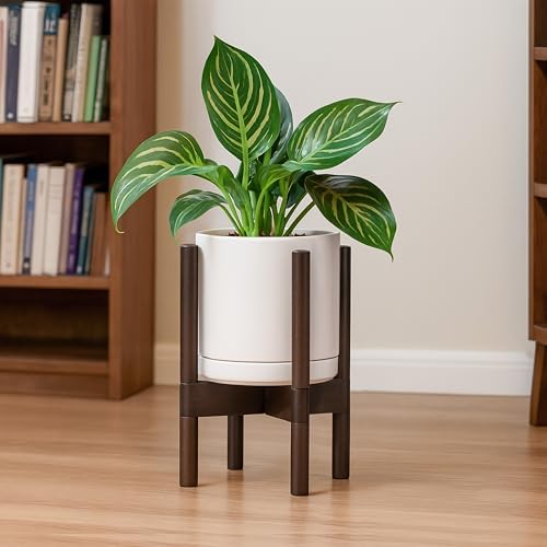 D'vine Dev Ceramic Pot with Walnut Wood Stand, Oatmeal, 8 in, 55-B-Y-8 - Image 2