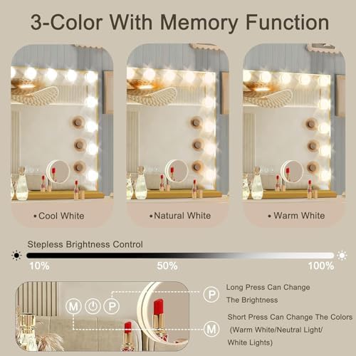 Ratsamee Gold Hollywood Vanity Mirror with Lights, 15 Dimmable Bulbs, 3 Color Lights,Make Up Lighted Mirror, Aluminum Metal Frame, USB Charging Port（23" x 18"） - Image 3