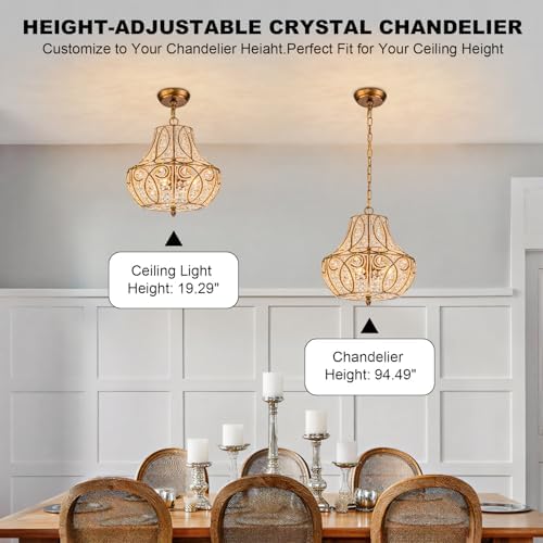 4-Light Antique Gold Gourd Beaded Chandelier, 13" Vintage Crystal Pendant Lighting Fixture for Dining Room, Living Room, Kitchen Island, Bedroom - Image 6