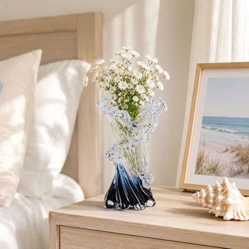 8.1" H Blue Ocean Wave Vase, Blown Glass Vase, Unique Modern Art Beautiful Hand Blown Coastal Centerpieces for Living Room, Bedroom, Office Desktop, Coffee Table, and Wedding Decorative (S) - Image 5