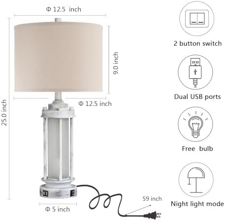 AIEAMPDO 25" Set of 2 Antique White Rustic Table Lamps 2 USB C+A Ports - Image 5