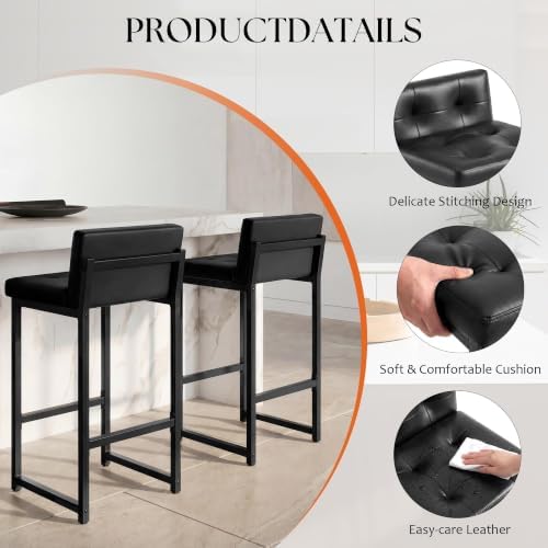 Bar Stools Set of 2, Counter Height Bar Stools Sets with Back, Faux Leather Barstools with Metal Legs and Footrest, Upholstered Bar Chairs for Dining Kitchen Island, Home Counter Bar - Image 5