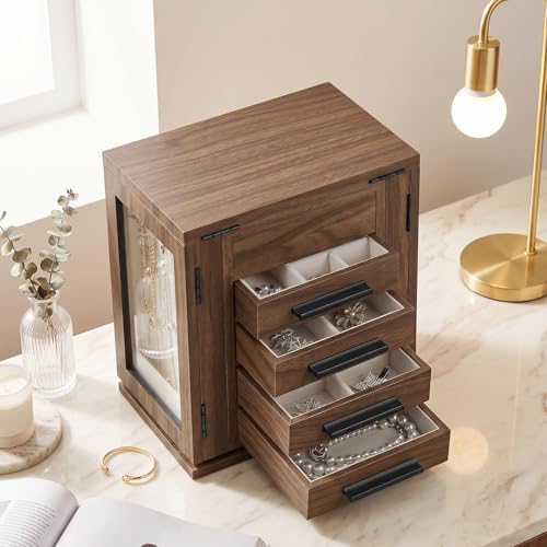 HOOBRO 360° Rotating Jewelry Box with Mirror, Wooden Jewelry Organizer Box - Image 4