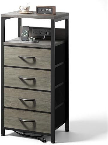 Lazzanto Night Stand with Charger Station, 4 Fabric Drawers, Grey by Lazzanto