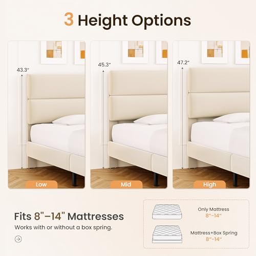GRUSIGN Twin Size Platform Bed Frame with Velvet Headboard, Adjustable Height Wooden Slats Support, Upholstered Mattress Foundation, Fits Mattress or Mattress with Box Spring, Easy Assembly, Beige - Image 3
