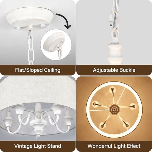 5-Light Drum Chandelier for Dining Room, 18'' Farmhouse Chandelier with Linen Shade, Round Fabric Drum Hanging Light Fixture for Entryway, Foyer, Living Room, Bedroom, French Distressed White - Image 6