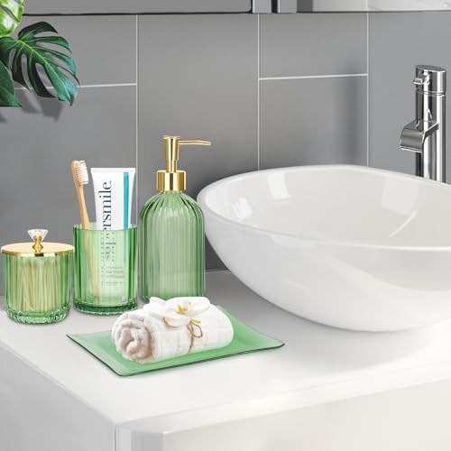 Haturi Glass Bathroom Accessories Set, Green Bathroom Set, 4 Pcs - Image 3
