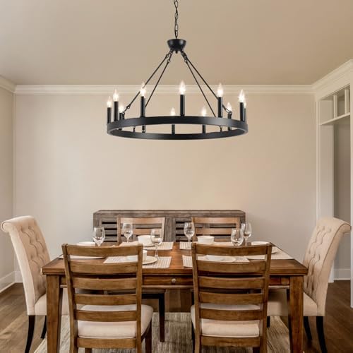 Wagon Wheel Chandelier 32" 12-Light Black Modern Farmhouse Chandeliers - Image 2