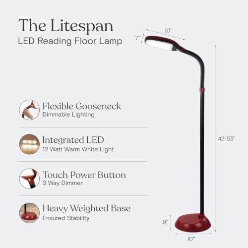 Brightech Litespan - Bright LED Floor Reading Lamp for Over Chair Crafts and Reading, Estheticians' Light for Lash Extensions, Adjustable Standing Lamp for Living Room, Bedroom, Office - Red - Image 5