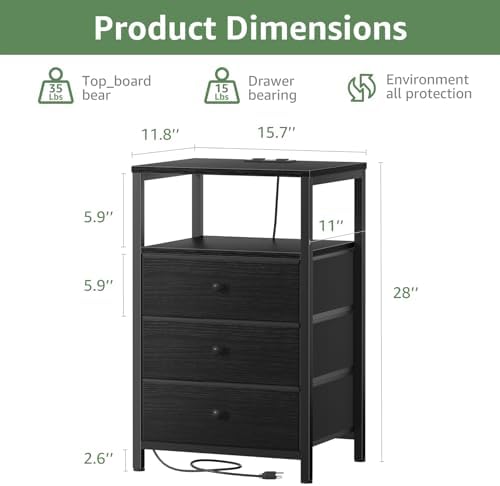 BOLUO Black Night Stand with 3 Fabric Drawers, Nightstand with Charging Station LED Nightstand for Bedroom, Bedside Table with USB Ports and Outlets Modern - Image 3