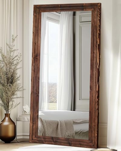 76x34in Full Length Mirror, 3-Tier Stepped Solid Wood Frame, Brown - Image 4