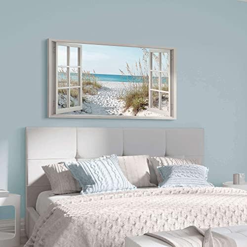 Window Beach Wall Art Prints: Modern Large Tropical Coastal Landscape Canvas Bedroom Blue Ocean Picture Relaxing Living Room Sea Scene Painting Horizontal Summer Seascape Artwork Decor - Image 5