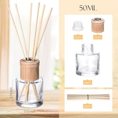 Roshtia 50 Set Reed Diffuser Bottle Empty Refillable Fragrance Glass Diffuser Bottles Set with Wooden Caps Sticks 50ml 1.7 oz Round Glass Jars for DIY Fragrance - Image 6