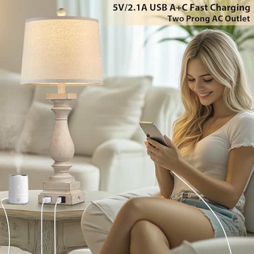 28" Tall Farmhouse Table Lamps Set of 2 with USB C+A Ports and AC Outlet, 3 Way Touch Control Rustic Bedside Lamp for Bedroom, Beige Vintage Nightstand Lamp for Living Room Office - Image 2