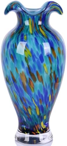 12" Tall Hand Blown Glass Vase – Pretty Ruffle Wide Mouth Decorative Flower Vase, for Modern Home Decor, Ideal Centerpiece for Living Rooms, Wedding & Home Decor by LINYTHER