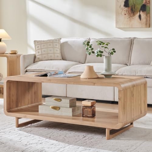 IFGET 48" Modern Coffee Table, 2-Tier Curved Center Table, Natural Oak by IFGETEnrichYourLivingSpace