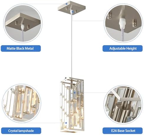 Brushed Nickel Pendant Lighting Modern Pendant Light, Mini Crystal Chandeliers, Adjustable Pendant Light Fixture for Kitchen Island Dinning Room Bedroom (1 Pack) - Image 4