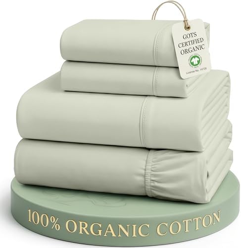 LANE LINEN 100% Organic Cotton Eco Friendly Full Size Sheet & Pillowcase Sets, Fully Elasticized Soft & Comfy Percale Bedding, Naturally Temperature Regulating Cotton Sheets Full- Mineral by LaneLinen