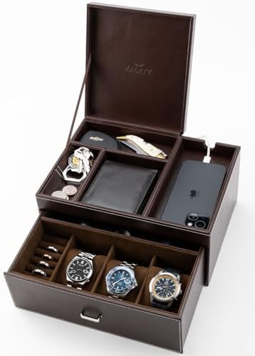 Mens Jewelry Box Organizer & Dresser Valet Tray - Premium Nightstand Station for Watches, Rings, and Accessories - Mens Dresser Top Organizer with Multiple Compartments and Soft Lining (Brown) by KALETY