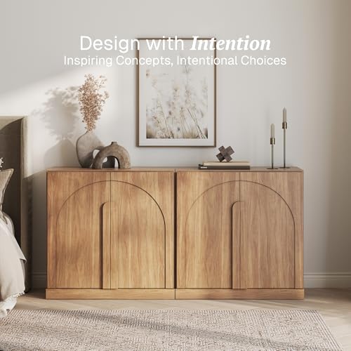 BELLEZE Set of 2 Modern Buffet Cabinets (63" Wide)-Large Sideboard Credenza with Arched Doors-Seamless Hidden Storage Console for Kitchen & Living Area-Camel - Image 3