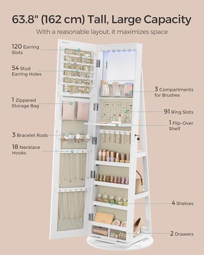 SONGMICS 6 LEDs Mirror Jewelry Cabinet Organizer, 360° Swivel, Lockable - Image 4